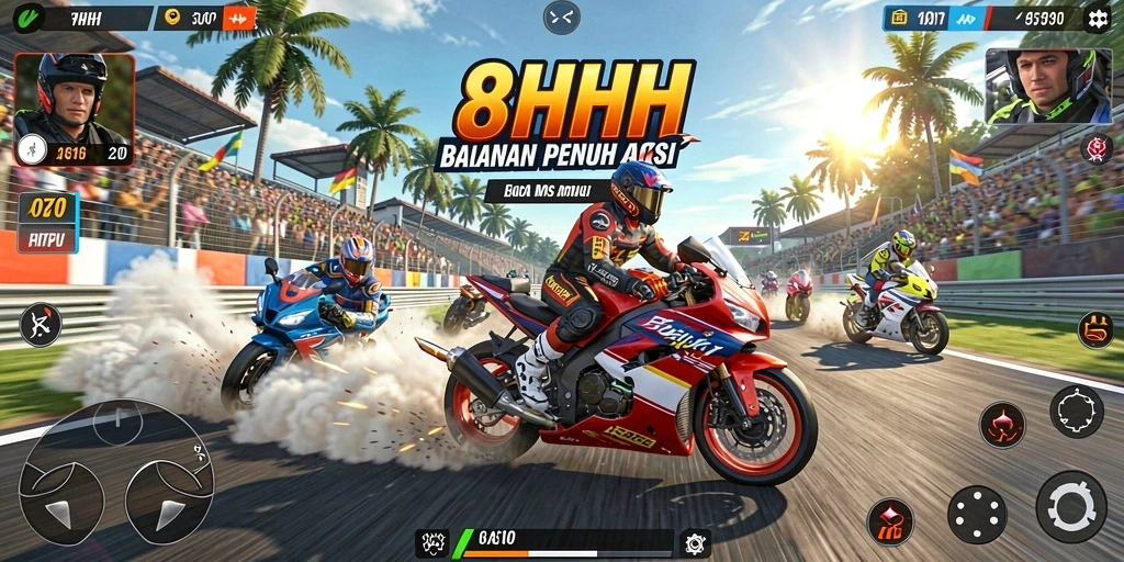 Screenshot gameplay 8HHH menampilkan aksi balapan motor yang mendebarkan.