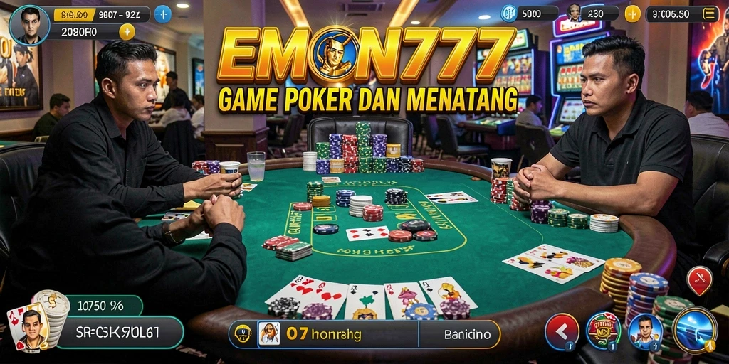 Screenshot gameplay EMON777 menampilkan suasana meja poker yang intens.