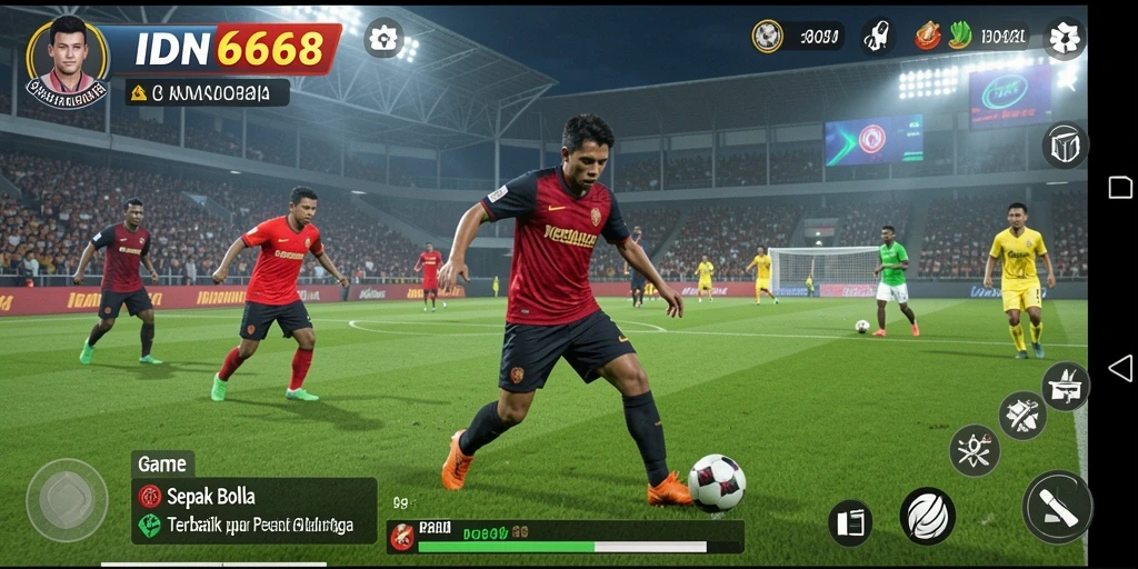Tangkapan layar menunjukkan aksi seru dalam IDN668 dengan gameplay sepak bola.