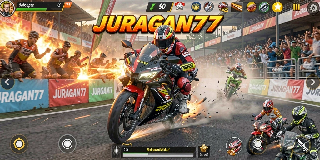 Screenshot gameplay JURAGAN77 yang menampilkan aksi balapan motor yang seru.