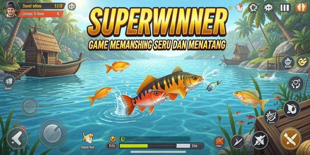 Screenshot SUPERWINNER menunjukkan gameplay memancing yang mengasyikkan dan realistis.