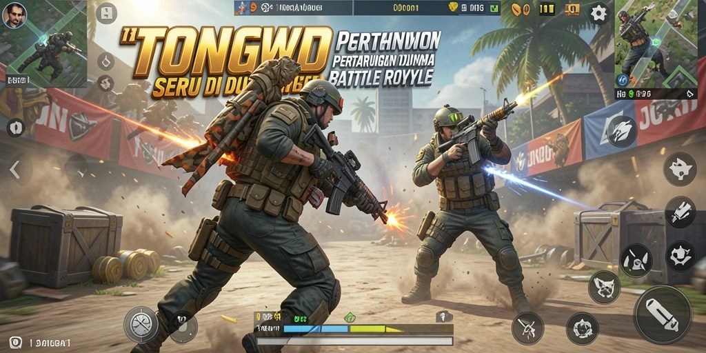 Screenshot gameplay TONGWD menampilkan aksi mendebarkan dalam pertempuran Battle Royale.